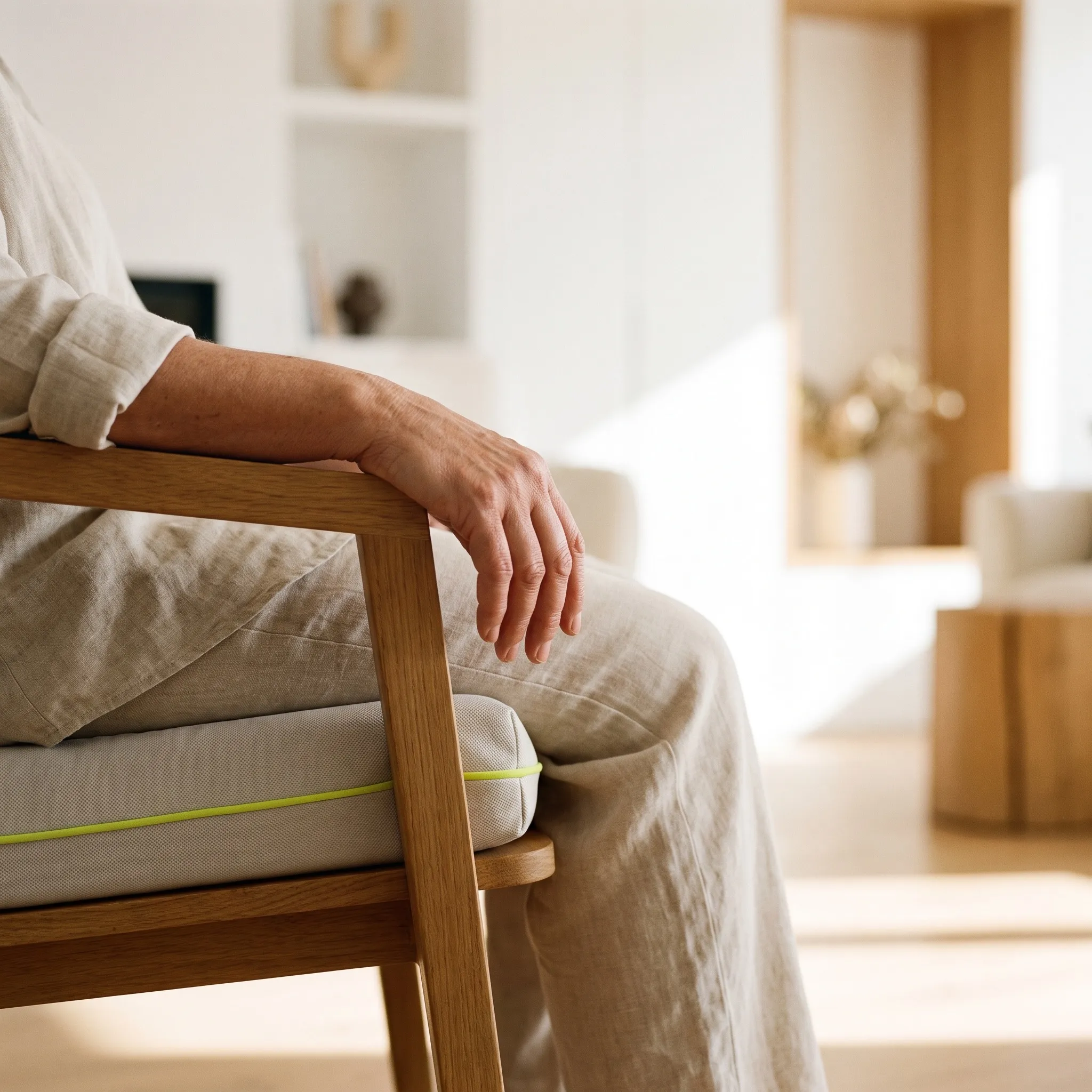 An older person seated on a wooden chair over an anti-bedsore cushion with green piping
