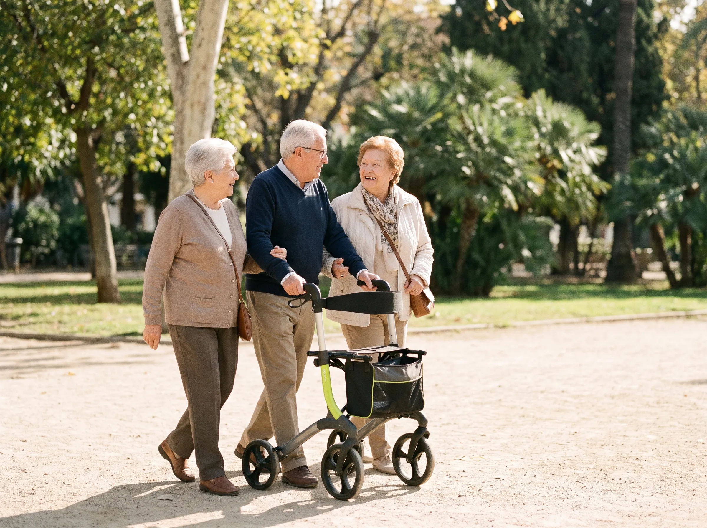 Older couple walking through a park with a rollator
