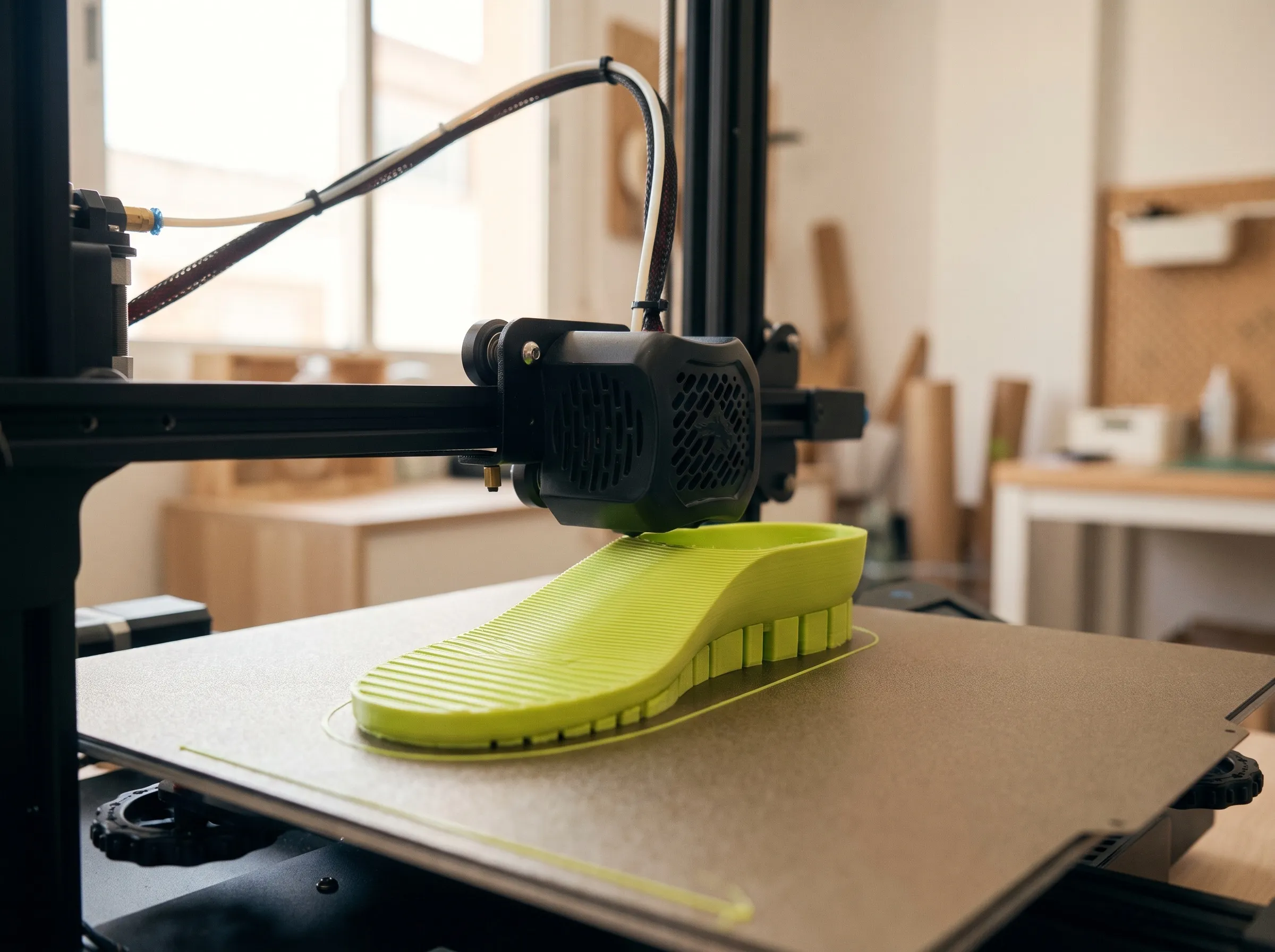 3D printer building a green insole on its print bed in a workshop